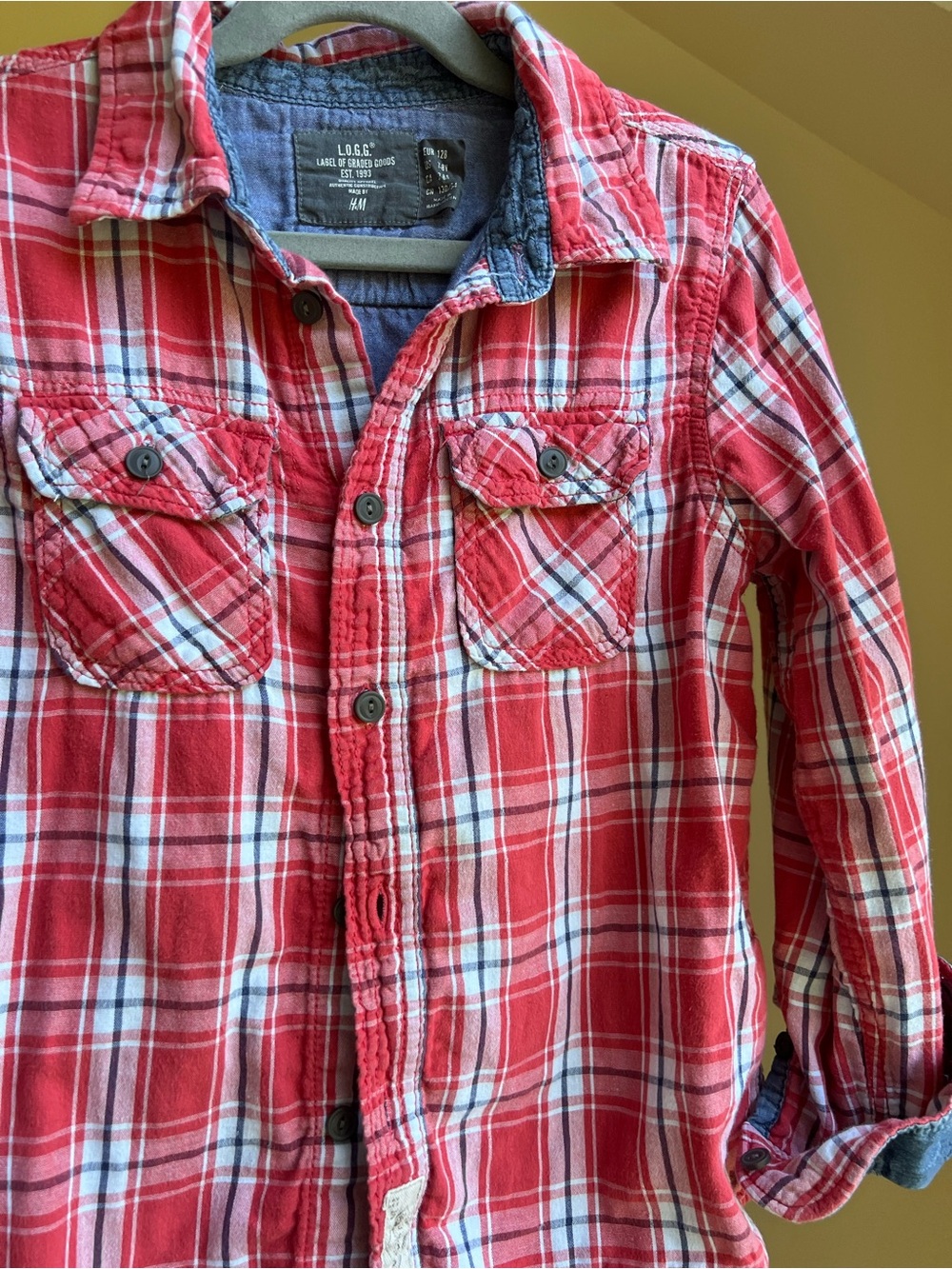 L.O.G.G. Red Plaid Button-Up Shirt Fully lined with blue Chambray size 7/8